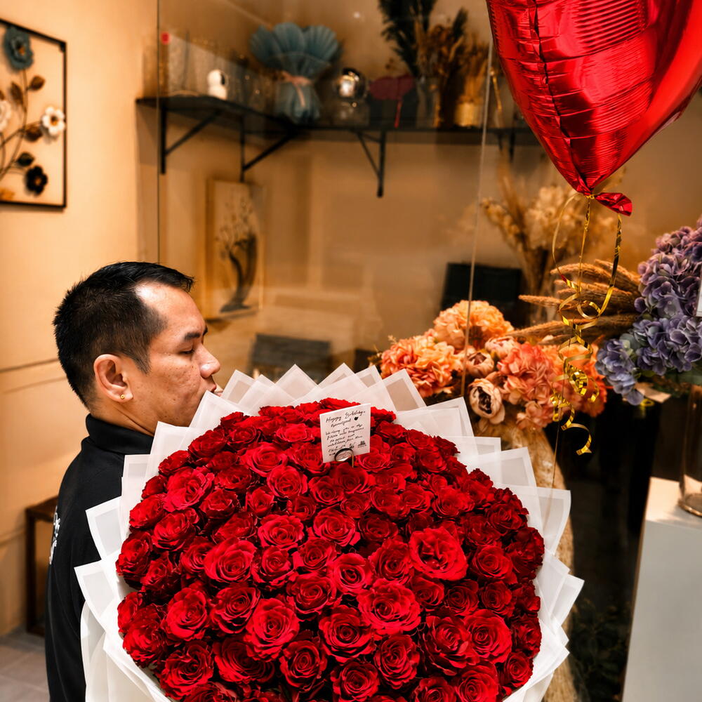 Flowers Dubai — hand-tied dome of 100 red roses by Blossoms & Bloom
